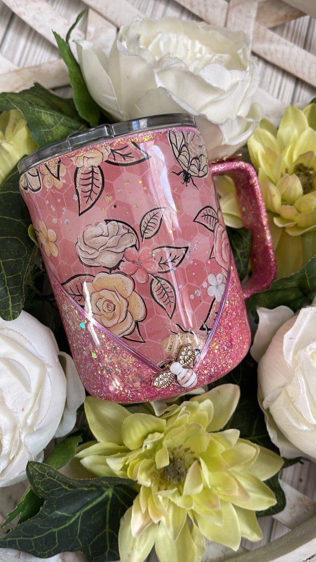 Bee - Pink Flower Resin Travel Mug