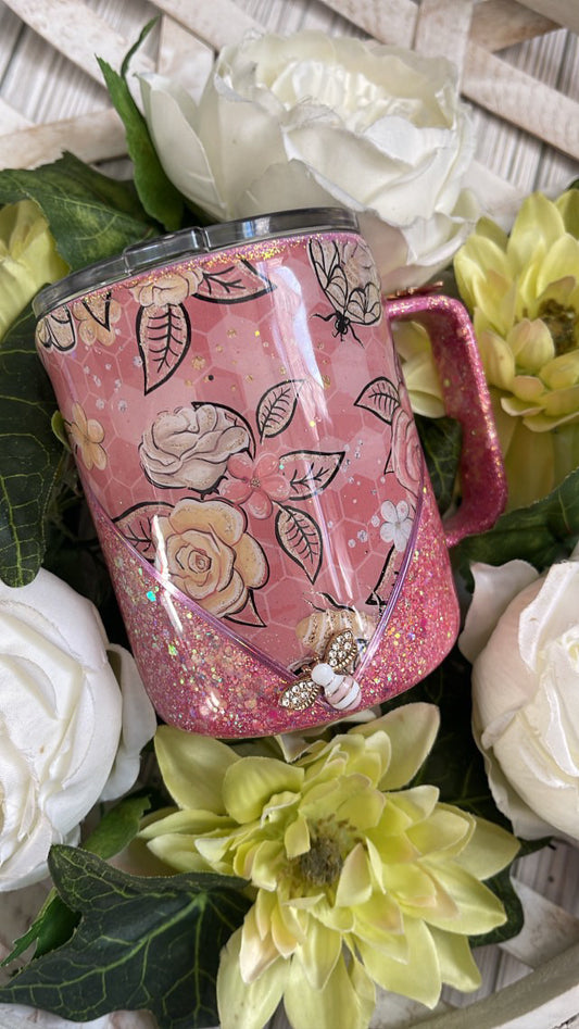 Bee - Pink Flower Resin Travel Mug